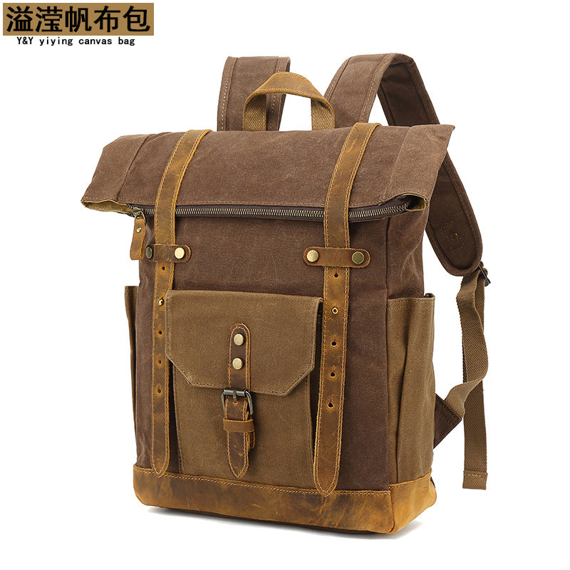 Backpack with Crazy Horse Leather Solid Color Backpack Men's Oil Wax Canvas Computer Travel Bag Retro Style Water-repellent