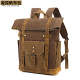 Backpack with Crazy Horse Leather Solid Color Backpack Men's Oil Wax Canvas Computer Travel Bag Retro Style Water-repellent