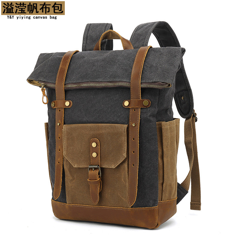 Backpack with Crazy Horse Leather Solid Color Backpack Men's Oil Wax Canvas Computer Travel Bag Retro Style Water-repellent