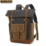 Backpack with Crazy Horse Leather Solid Color Backpack Men's Oil Wax Canvas Computer Travel Bag Retro Style Water-repellent