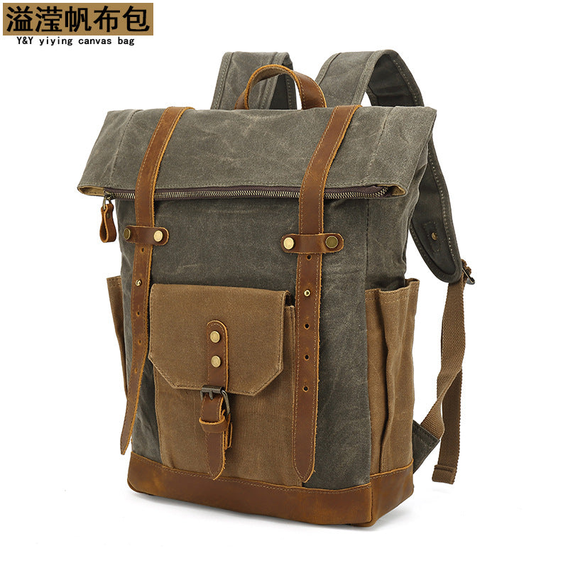 Backpack with Crazy Horse Leather Solid Color Backpack Men's Oil Wax Canvas Computer Travel Bag Retro Style Water-repellent