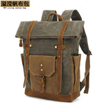 Backpack with Crazy Horse Leather Solid Color Backpack Men's Oil Wax Canvas Computer Travel Bag Retro Style Water-repellent