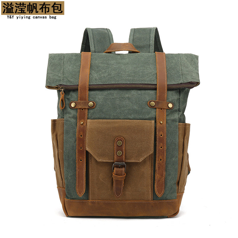 Backpack with Crazy Horse Leather Solid Color Backpack Men's Oil Wax Canvas Computer Travel Bag Retro Style Water-repellent
