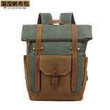 Backpack with Crazy Horse Leather Solid Color Backpack Men's Oil Wax Canvas Computer Travel Bag Retro Style Water-repellent