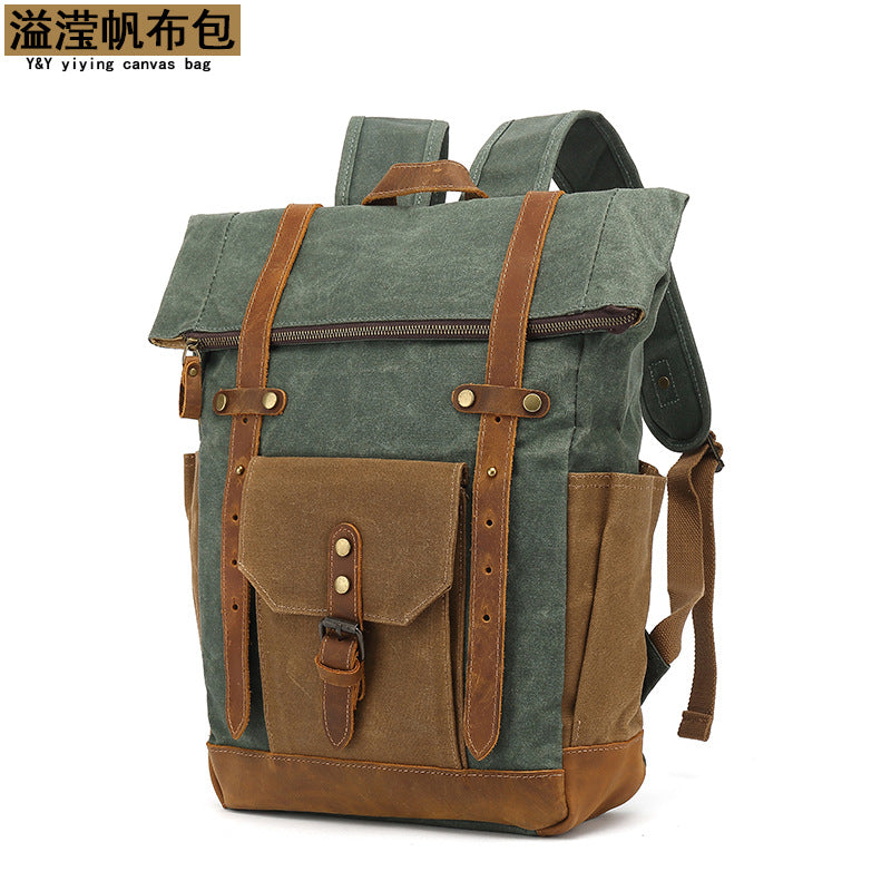 Backpack with Crazy Horse Leather Solid Color Backpack Men's Oil Wax Canvas Computer Travel Bag Retro Style Water-repellent