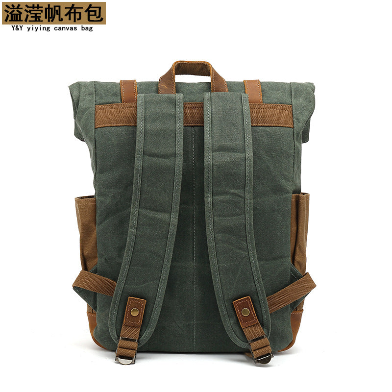 Backpack with Crazy Horse Leather Solid Color Backpack Men's Oil Wax Canvas Computer Travel Bag Retro Style Water-repellent