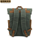 Backpack with Crazy Horse Leather Solid Color Backpack Men's Oil Wax Canvas Computer Travel Bag Retro Style Water-repellent