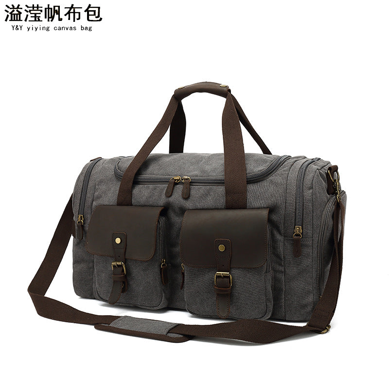 Travel Bag Men's Roof Luggage Bag Large Capacity Yoga Fitness Bag Long and Short Distance Travel Moving Canvas with Crazy Horse Leather