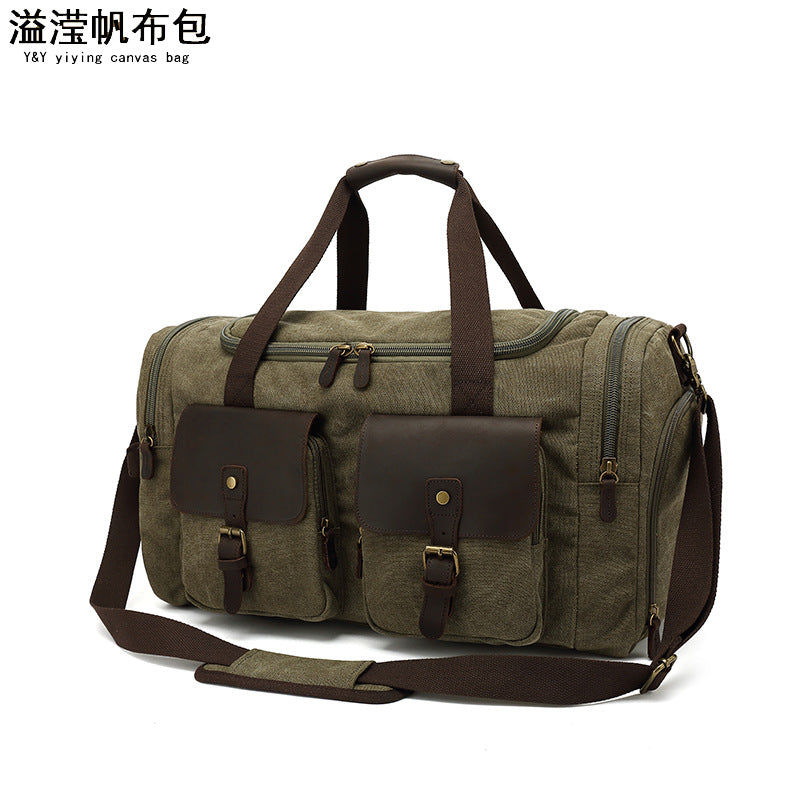 Travel Bag Men's Roof Luggage Bag Large Capacity Yoga Fitness Bag Long and Short Distance Travel Moving Canvas with Crazy Horse Leather
