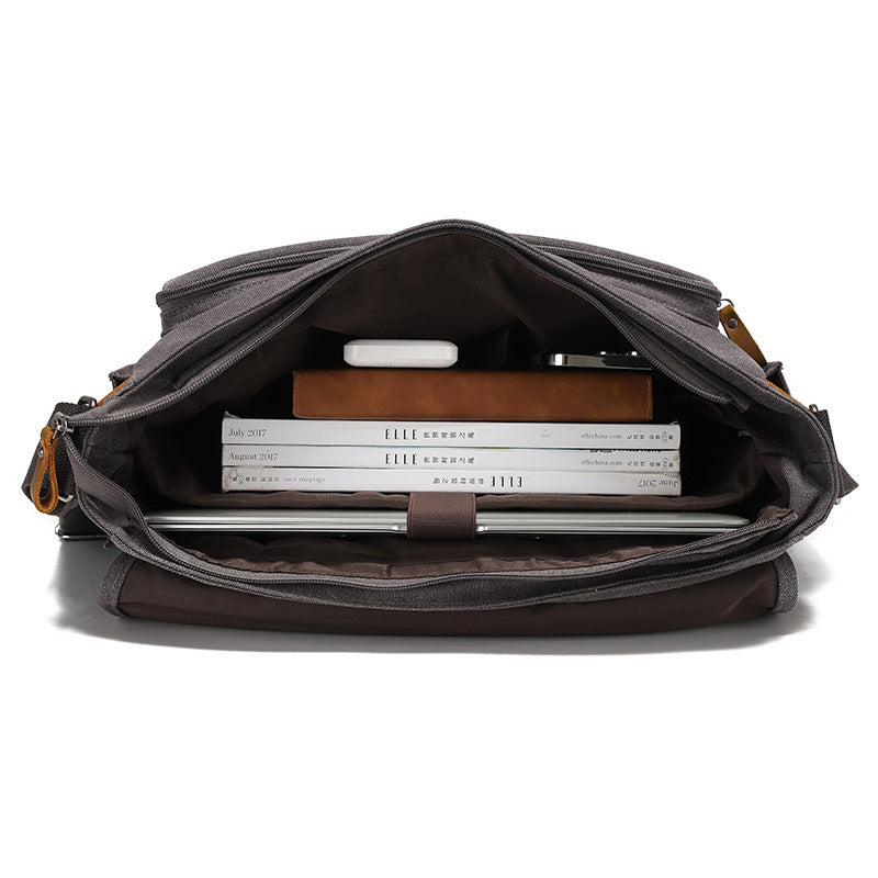 Canvas Cross-Body Bag with First-Layer Cowhide Men's Photography Bag Retro Style Single Shoulder Cross-Body Briefcase Business Travel