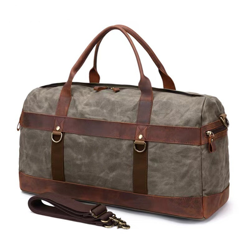 Travel Bag Men's Roof Luggage Bag Large Capacity Yoga Fitness Bag Long and Short Distance Travel Moving Canvas with Crazy Horse Leather