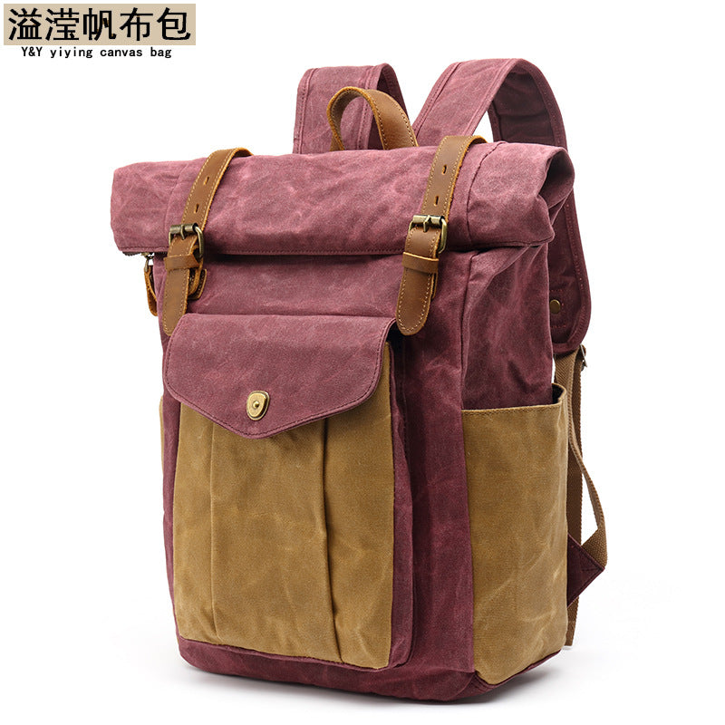 Backpack Retro Men's Travel Backpack Travel Student Bag Outdoor Oil Wax Water-repellent Canvas with Crazy Horse Leather