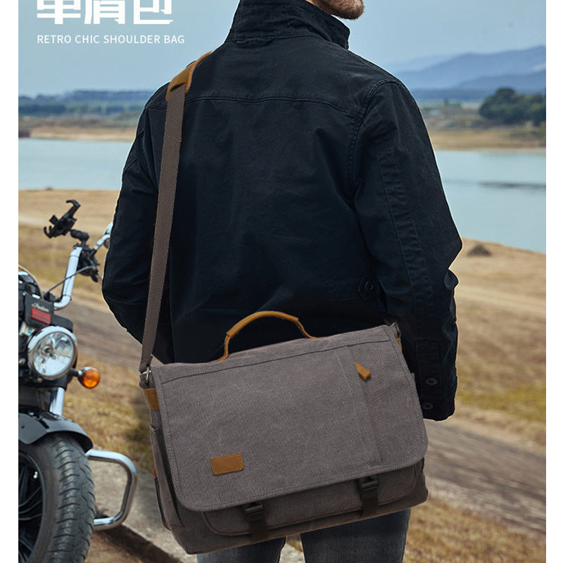 Canvas Cross-Body Bag with First-Layer Cowhide Men's Photography Bag Retro Style Single Shoulder Cross-Body Briefcase Business Travel