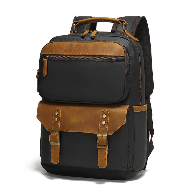 Backpack for Men, Travel Laptop Backpack, Student Retro Travel Book Bag, Oil-Waxed Canvas with Top-Grain Leather