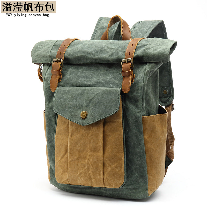 Backpack Retro Men's Travel Backpack Travel Student Bag Outdoor Oil Wax Water-repellent Canvas with Crazy Horse Leather