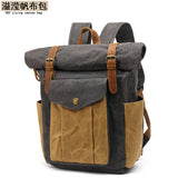 Backpack Retro Men's Travel Backpack Travel Student Bag Outdoor Oil Wax Water-repellent Canvas with Crazy Horse Leather