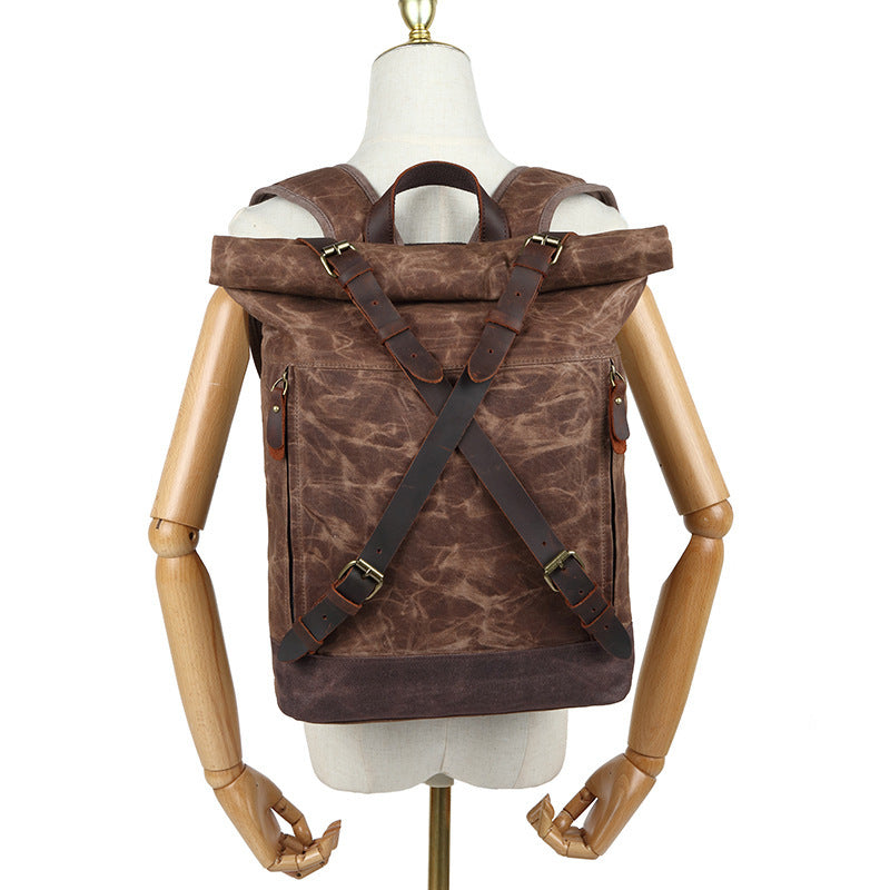 Casual Travel Bag Waterproof Canvas Bag with First Layer Cowhide Men's and Women's Double Shoulder Travel Computer Backpack Wholesale