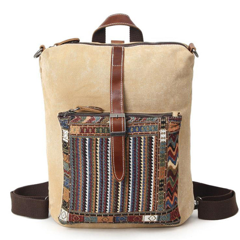Waterproof Canvas with First-layer Leather Women's Backpack, Ethnic Style Pattern Cross-border Travel Backpack, Factory Supply
