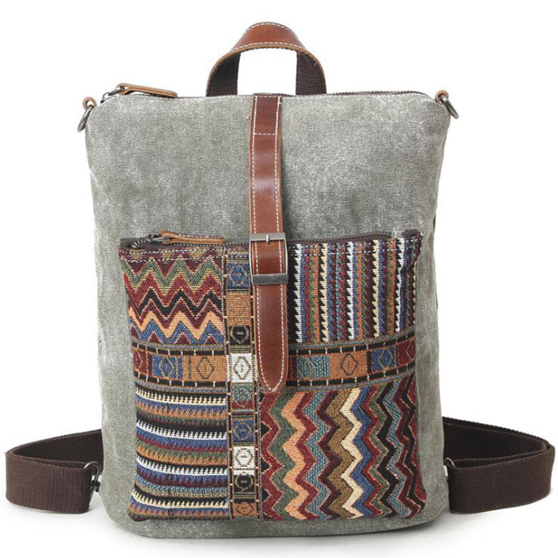 Waterproof Canvas with First-layer Leather Women's Backpack, Ethnic Style Pattern Cross-border Travel Backpack, Factory Supply
