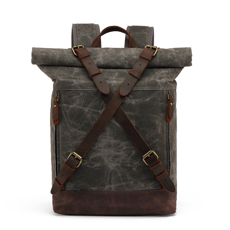 Casual Travel Bag Waterproof Canvas Bag with First Layer Cowhide Men's and Women's Double Shoulder Travel Computer Backpack Wholesale