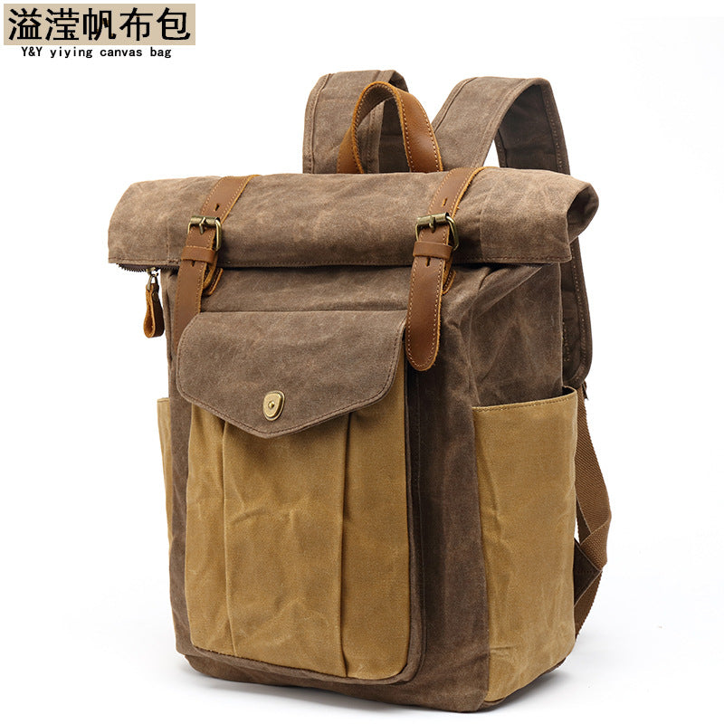 Backpack Retro Men's Travel Backpack Travel Student Bag Outdoor Oil Wax Water-repellent Canvas with Crazy Horse Leather