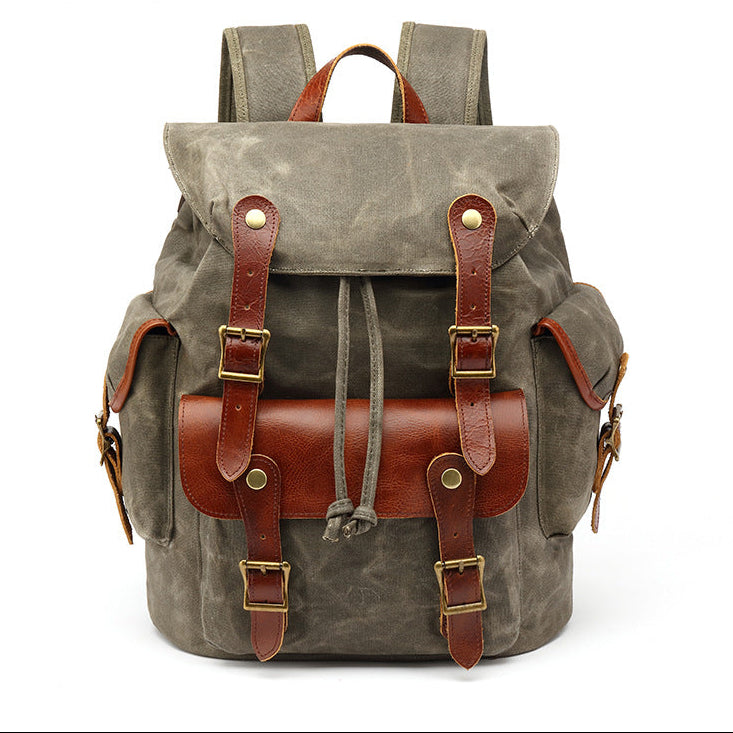 Backpack Men's Outdoor Backpack Sports Travel Bag Mountaineering Computer Student School Bag Waxed with Red Brown First Layer Leather