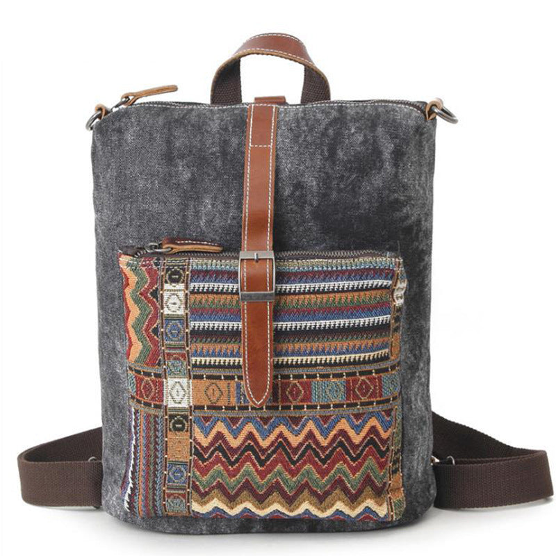 Waterproof Canvas with First-layer Leather Women's Backpack, Ethnic Style Pattern Cross-border Travel Backpack, Factory Supply