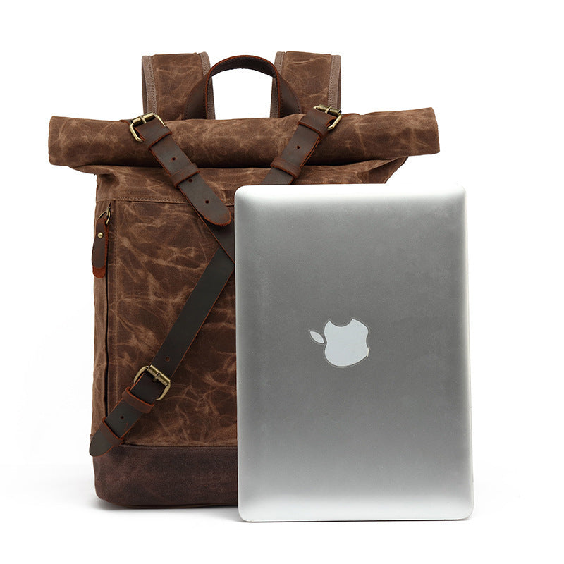Casual Travel Bag Waterproof Canvas Bag with First Layer Cowhide Men's and Women's Double Shoulder Travel Computer Backpack Wholesale