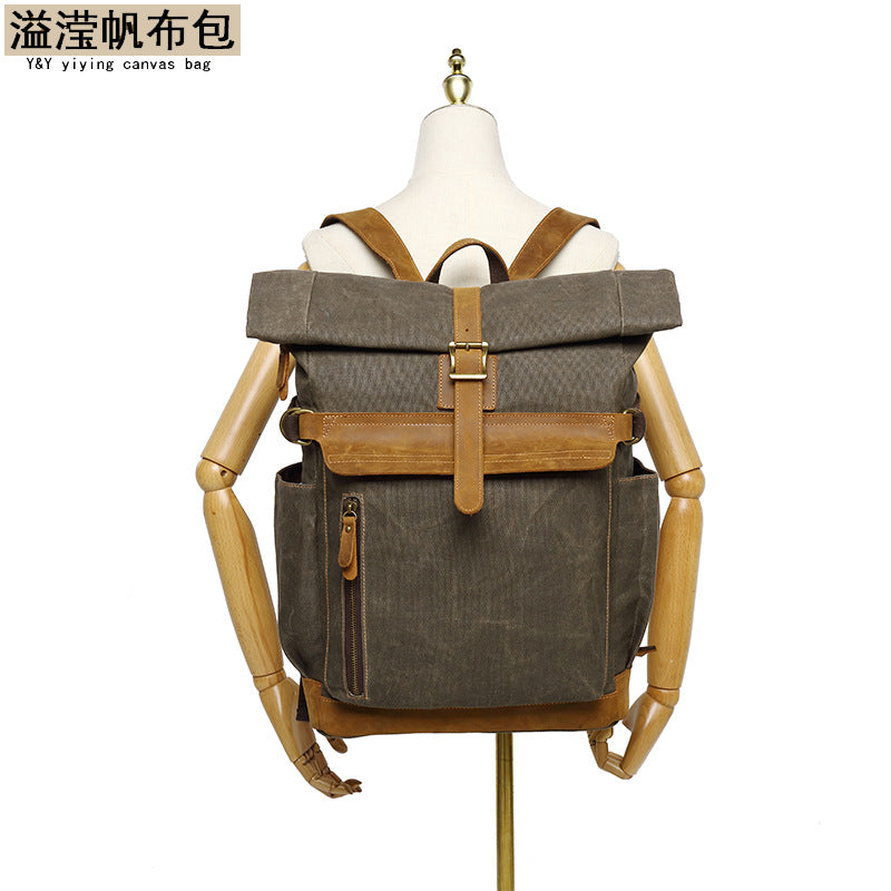 Outdoor Backpack Crazy Horse Leather Casual Travel Bag Men's Backpack Oil Wax Portable Canvas Computer Bag