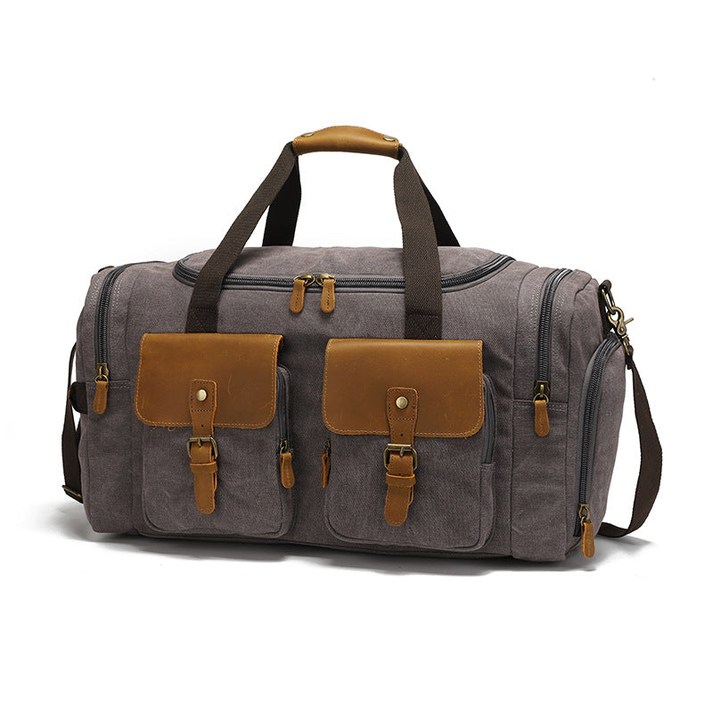 Travel Bag Men's Roof Luggage Bag Large Capacity Yoga Fitness Bag Long and Short Distance Travel Moving Canvas with Crazy Horse Leather