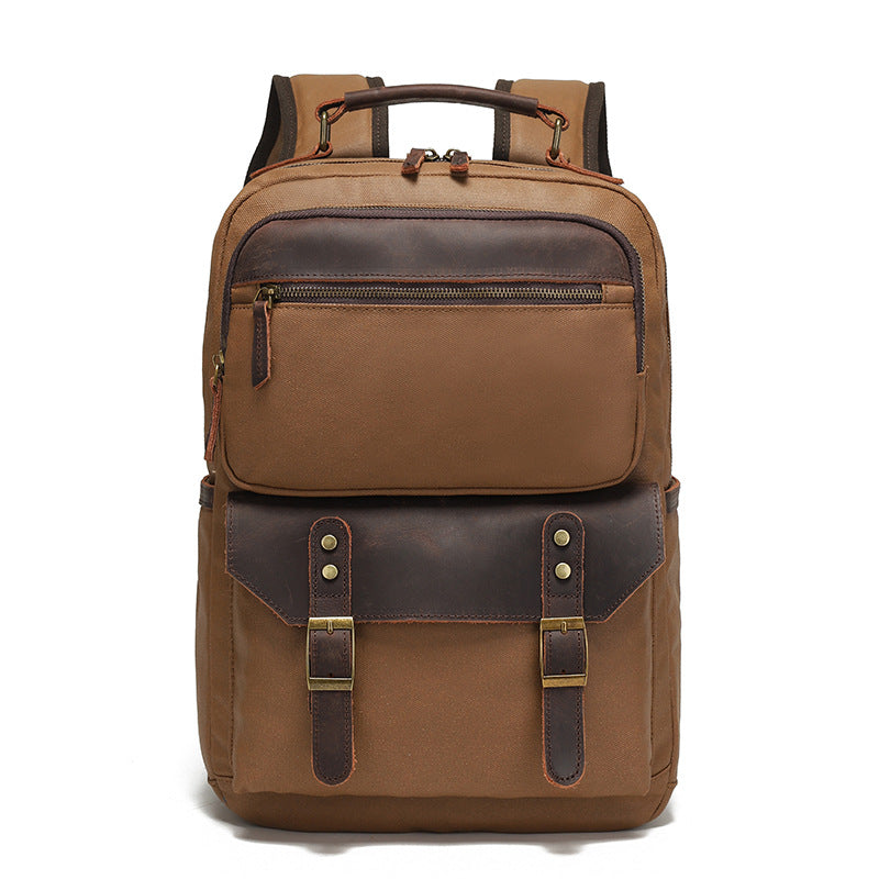 Backpack for Men, Travel Laptop Backpack, Student Retro Travel Book Bag, Oil-Waxed Canvas with Top-Grain Leather
