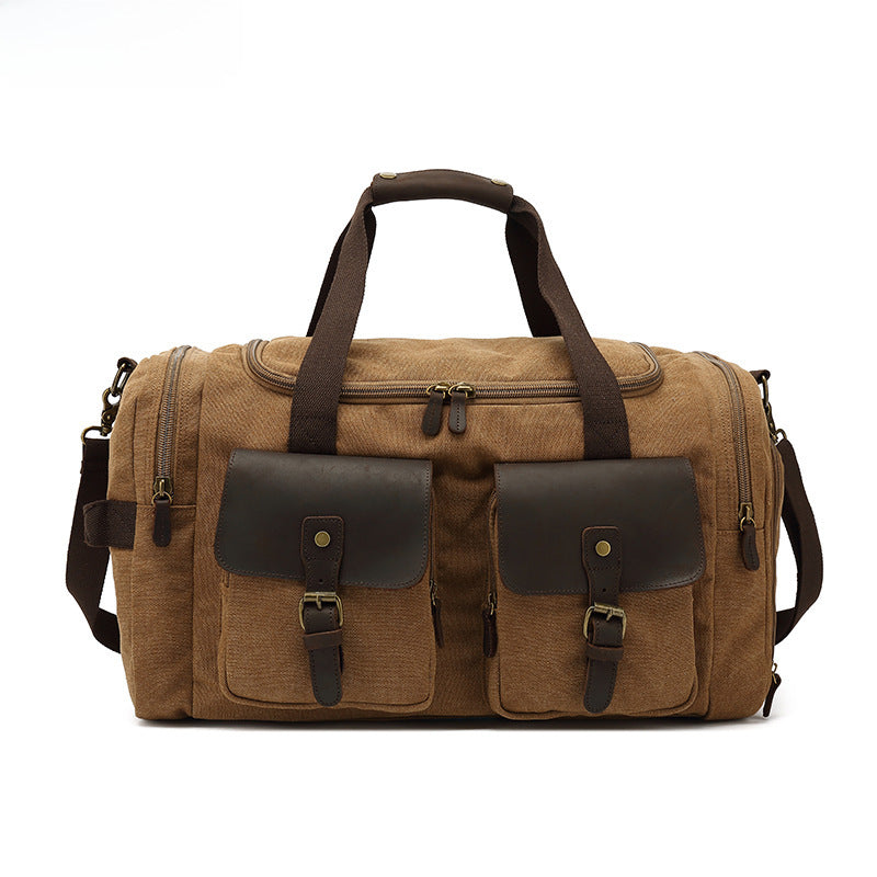 Travel Bag Men's Roof Luggage Bag Large Capacity Yoga Fitness Bag Long and Short Distance Travel Moving Canvas with Crazy Horse Leather