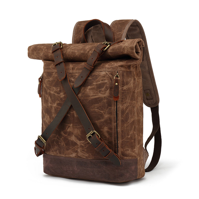 Casual Travel Bag Waterproof Canvas Bag with First Layer Cowhide Men's and Women's Double Shoulder Travel Computer Backpack Wholesale