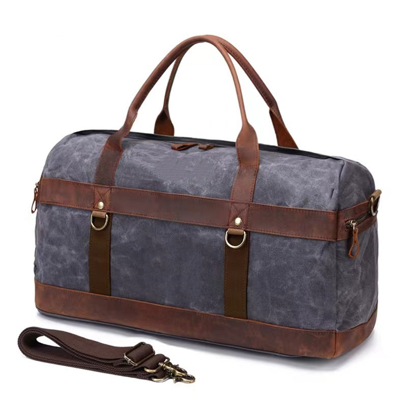 Travel Bag Men's Roof Luggage Bag Large Capacity Yoga Fitness Bag Long and Short Distance Travel Moving Canvas with Crazy Horse Leather