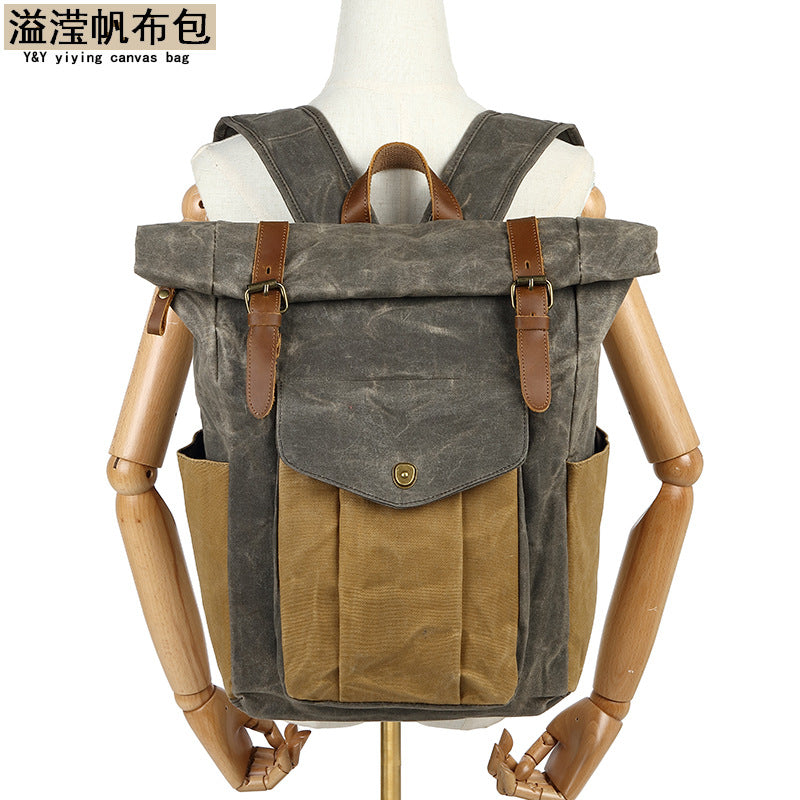 Backpack Retro Men's Travel Backpack Travel Student Bag Outdoor Oil Wax Water-repellent Canvas with Crazy Horse Leather