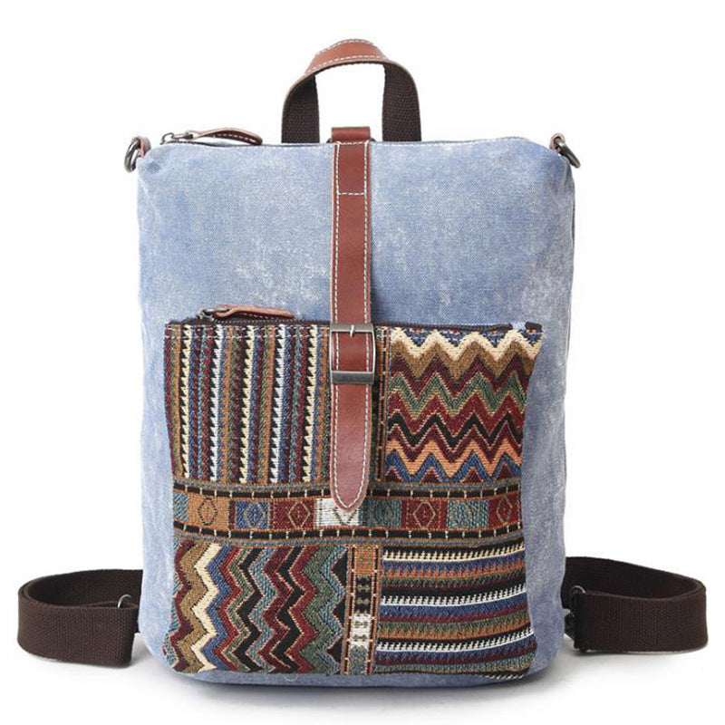 Waterproof Canvas with First-layer Leather Women's Backpack, Ethnic Style Pattern Cross-border Travel Backpack, Factory Supply