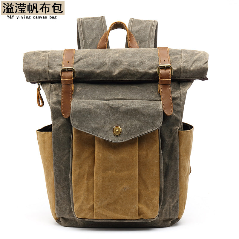 Backpack Retro Men's Travel Backpack Travel Student Bag Outdoor Oil Wax Water-repellent Canvas with Crazy Horse Leather