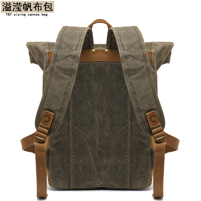 Backpack Retro Men's Travel Backpack Travel Student Bag Outdoor Oil Wax Water-repellent Canvas with Crazy Horse Leather