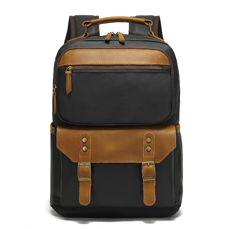 Backpack for Men, Travel Laptop Backpack, Student Retro Travel Book Bag, Oil-Waxed Canvas with Top-Grain Leather