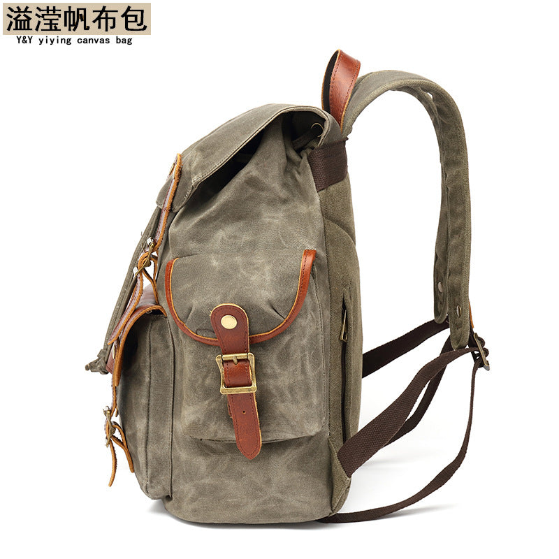 Backpack Men's Outdoor Backpack Sports Travel Bag Mountaineering Computer Student School Bag Waxed with Red Brown First Layer Leather