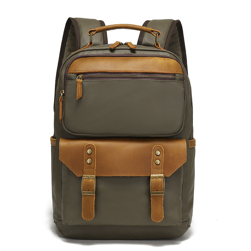 Backpack for Men, Travel Laptop Backpack, Student Retro Travel Book Bag, Oil-Waxed Canvas with Top-Grain Leather