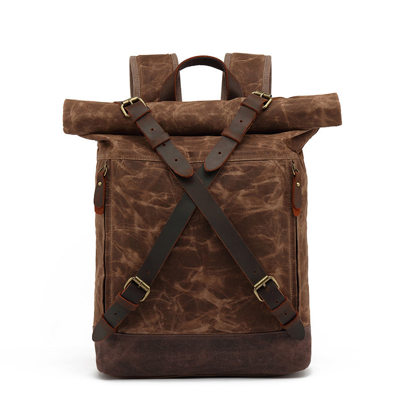 Casual Travel Bag Waterproof Canvas Bag with First Layer Cowhide Men's and Women's Double Shoulder Travel Computer Backpack Wholesale