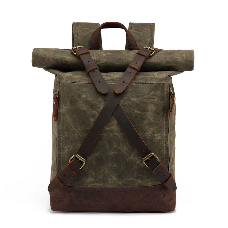 Casual Travel Bag Waterproof Canvas Bag with First Layer Cowhide Men's and Women's Double Shoulder Travel Computer Backpack Wholesale